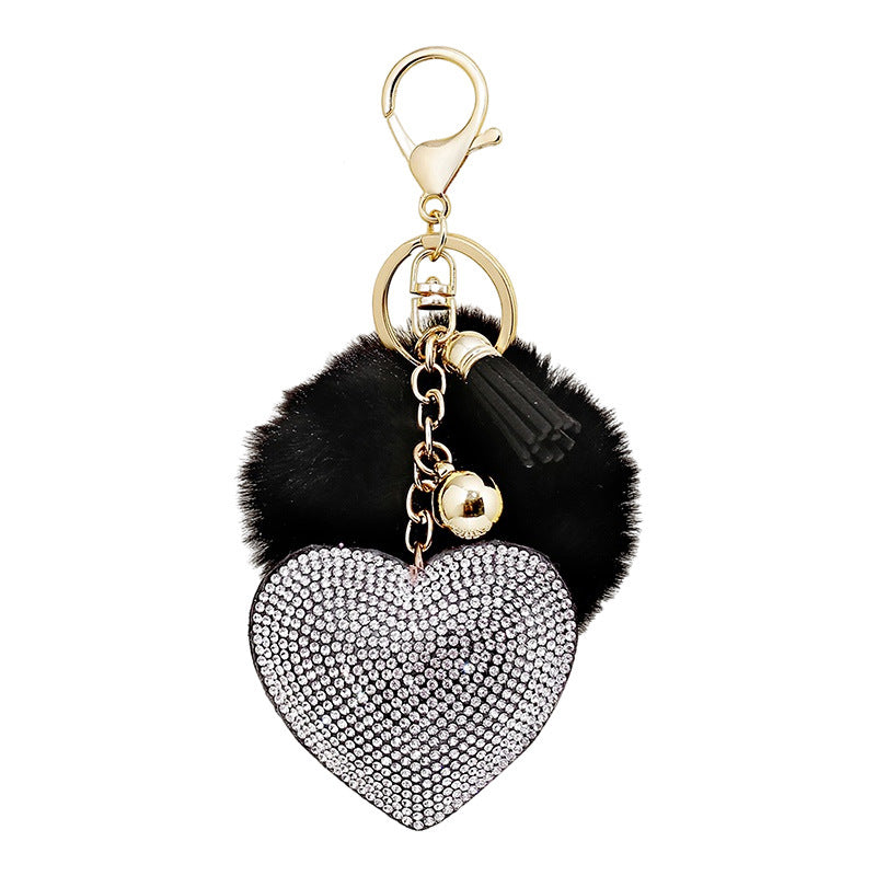 Wholesale of 50pcs Velvet Inlaid Diamond Heart Tassel Zinc Alloy Keychain